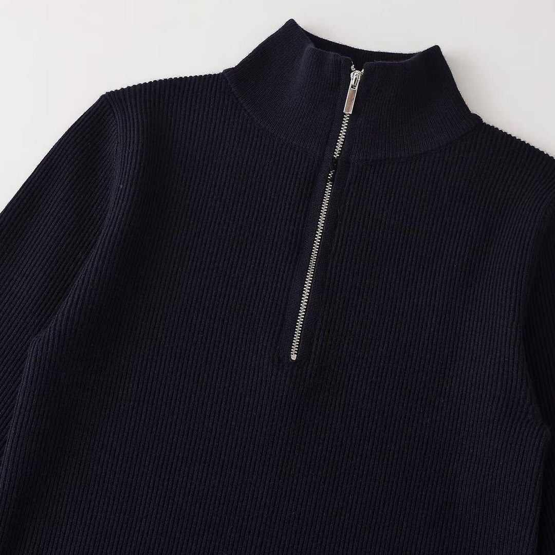 Damen Gerippter Halbzip-Strickpullover mit Stehkragen Echoarchiv