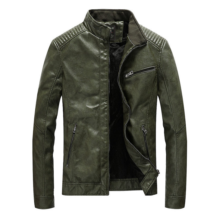 Herren Kunstleder-Bikerjacke mit Stehkragen und gesteppter Schulterpartie – Taviero
