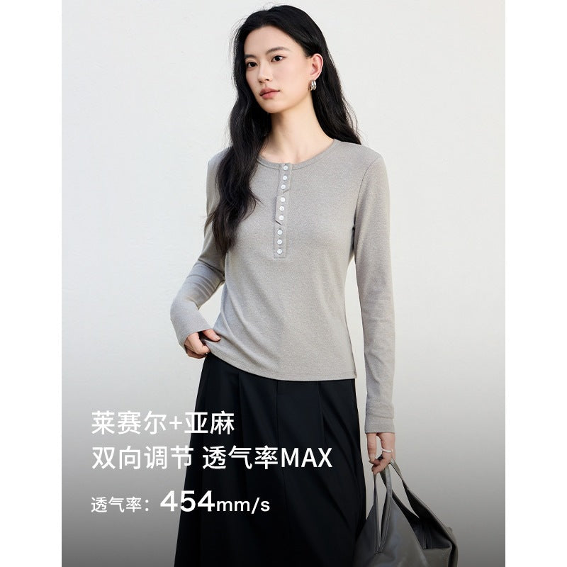 Damen Langärmeliges Henley-Shirt aus feinem Jersey mit dekorativer Knopfleiste Echo Archiv