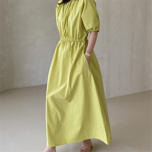 Damen Fließendes Baumwoll-Maxi-Sommerkleid mit elastischem Taillenbund, Puffärmeln und Eingrifftaschen – Valéora