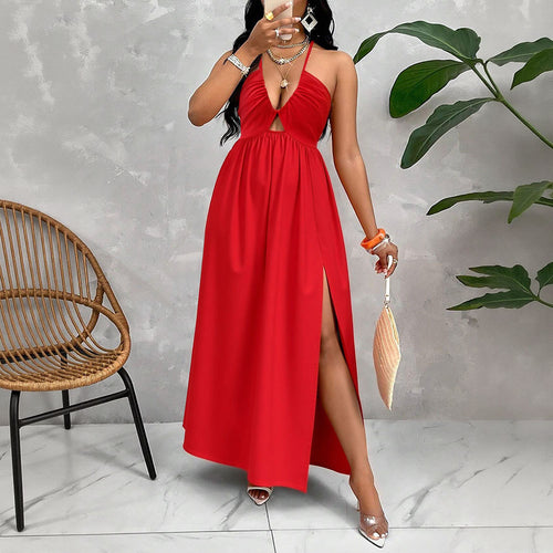 Damen Maxikleid mit tiefem V-Ausschnitt und seitlichem Schlitz Echo Archiv