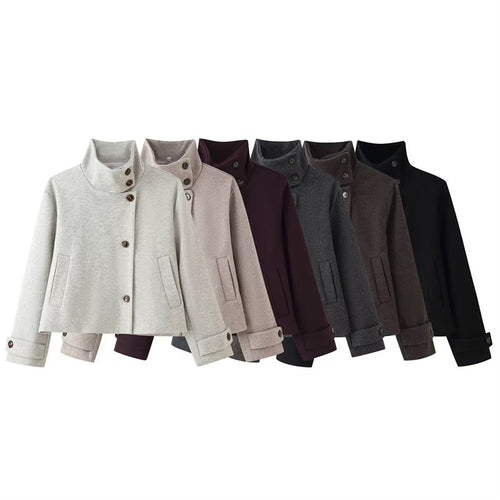 Damen kurze Boxy-Wolljacke mit Stehkragen und Manschetten Echo Archiv
