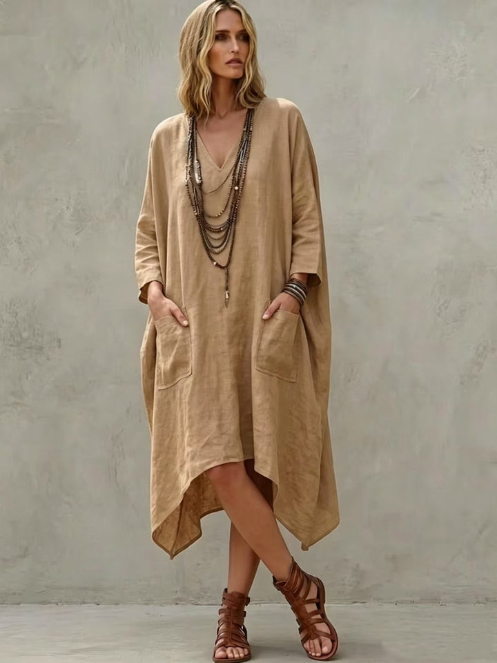 Damen nan Oversize Kaftankleid mit V-Ausschnitt, Eingrifftaschen und asymmetrischem Saum Echo Archiv