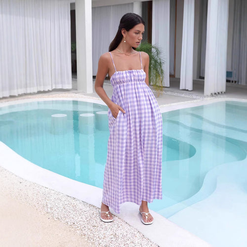 Damen Maxikleid mit Kariertem Muster und Elastischem Oberteil Echo Archiv
