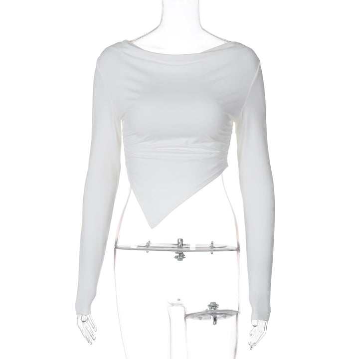 Damen asymmetrisches langärmeliges Cropped-Top mit drapiertem Ausschnitt, seitlicher Raffung und spitzem Saum – Avérine