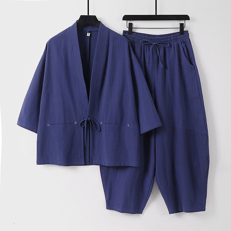 Unisex Modernes Kimono-Lounge-Set aus weichem Baumwollmix mit Kurzjacke, Tunnelzug-Hose und gerafften Knöcheln Echoarchiv
