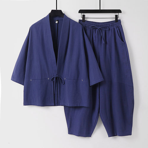 Unisex Modernes Kimono-Lounge-Set aus weichem Baumwollmix mit Kurzjacke, Tunnelzug-Hose und gerafften Knöcheln Echoarchiv
