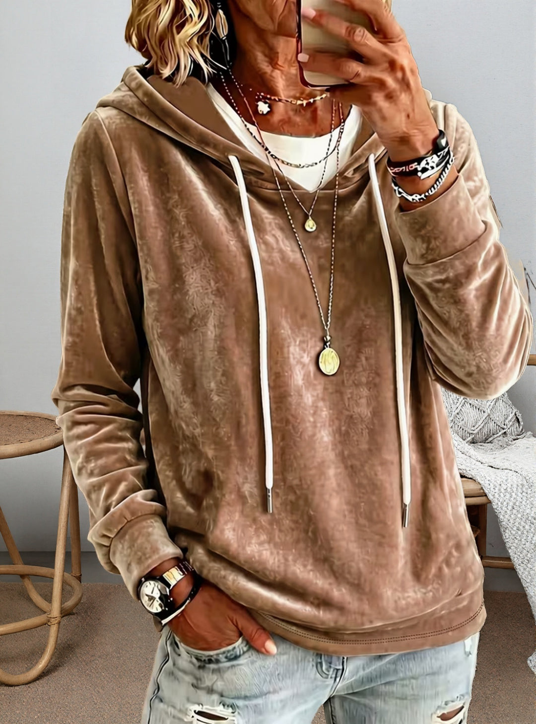 Damen Samtvelours-Hoodie mit Kordelzug und lässiger Oversize-Passform Echoarchiv