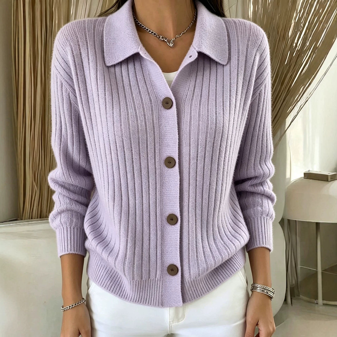 Damen Feiner gerippter Knopf‑Cardigan mit Hemdkragen und kastiger Silhouette – Veloura