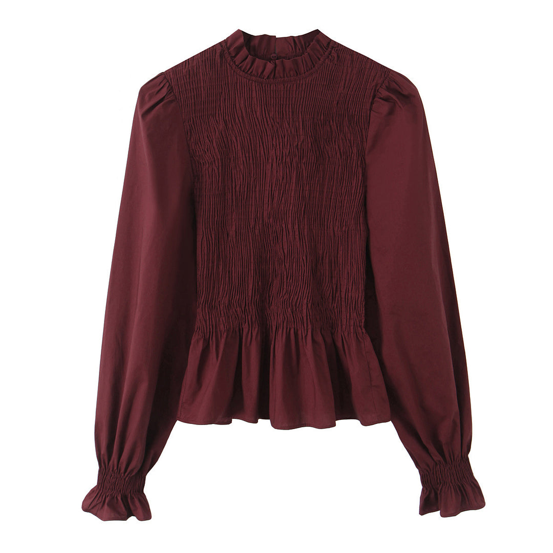 Damen Gesmokte Bluse mit Rüschenkragen und Volant-Peplum Echoarchiv