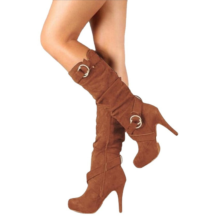 Damen  kniehohe Stiefel mit schmalem Stilettoabsatz, Plateau und dekorativen Metallringen Echo Archiv