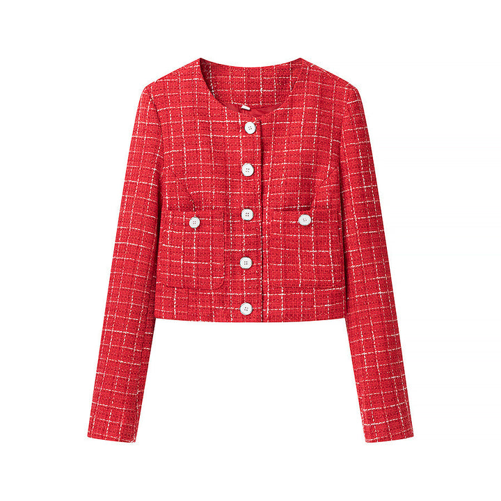 Damen Kurzgeschnittener Bouclé‑Tweed‑Blazer mit Rundhals, Zierknöpfen und aufgesetzten Taschen Echo Archiv