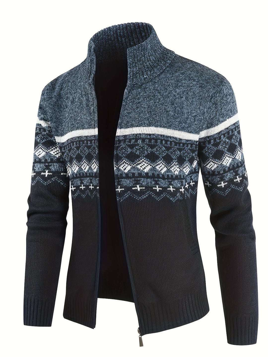 Herren Thermo-Strickjacke mit Stehkragen und Reißverschluss Norwegerstrick Fleece-gefüttert – Taviero