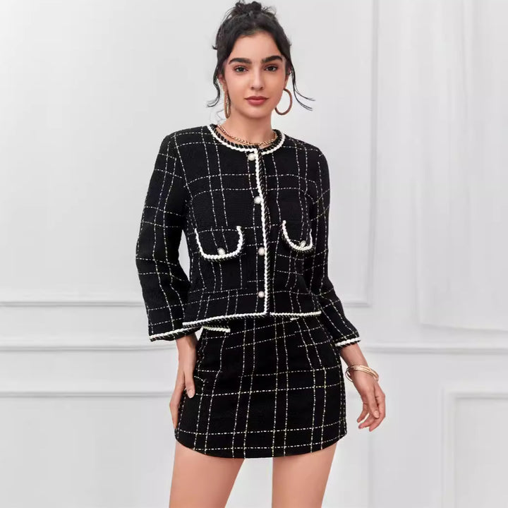 Damen Zweiteiliges Bouclé-Blazer-Set mit Zierstreifen und tailliertem Minirock – Valéne