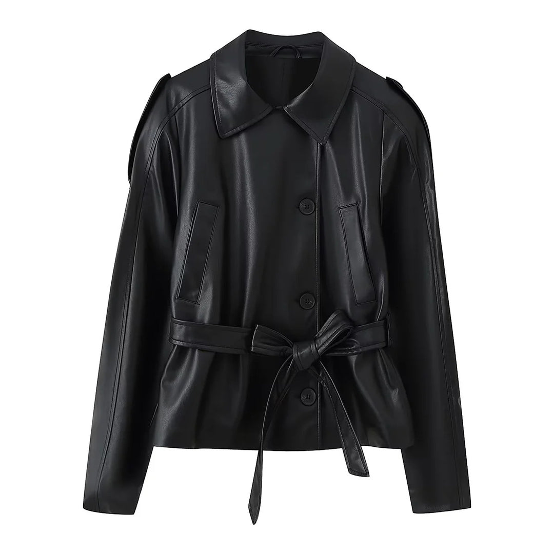 Damen nan taillierte Kunstlederjacke mit Bindegürtel, Hemdkragen und verdeckter Knopfleiste Echo Archiv