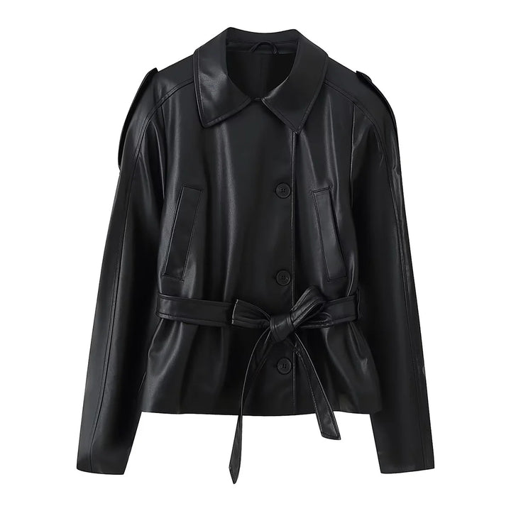 Damen nan taillierte Kunstlederjacke mit Bindegürtel, Hemdkragen und verdeckter Knopfleiste Echo Archiv