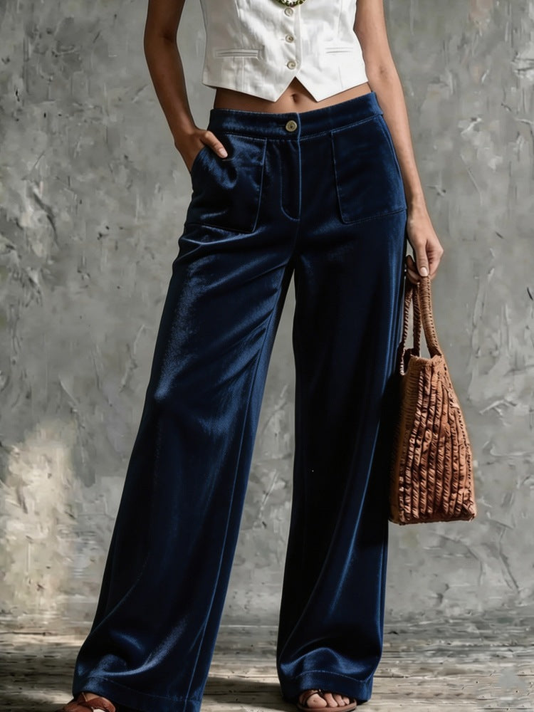 Damen Weite Samt-Palazzohose mit hoher Taille und aufgesetzten Taschen Echoarchiv