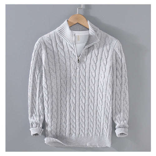 Herren Zopfmuster-Halbzip-Pullover aus weicher Baumwollmischung mit Stehkragen Echoarchiv