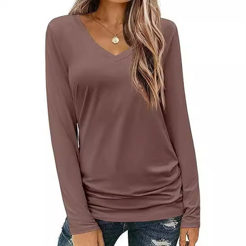 Damen Figurbetontes V‑Ausschnitt Langarmshirt aus Stretch‑Jersey mit leicht gerafftem Saum Echo Archiv