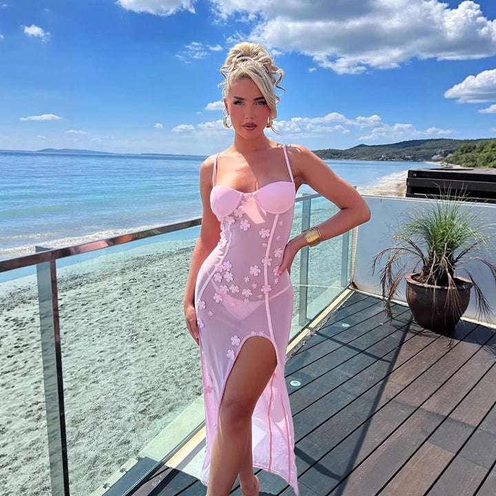 Damen Elegantes Chiffon Kleid mit floralem Spitzenbesatz und hohem Schlitz Echo Archiv