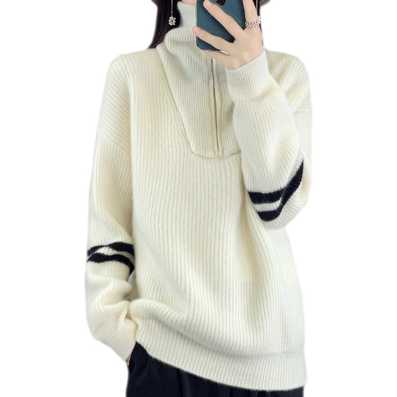 Damen Rippenstrick-Pullover mit halbem Reißverschluss, hohem Stehkragen und lässiger Passform Echoarchiv