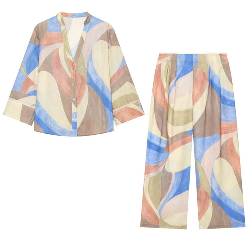 Damen Weite High‑Waist Leinenmix‑Hose mit abstraktem Aquarellprint Echo Archiv