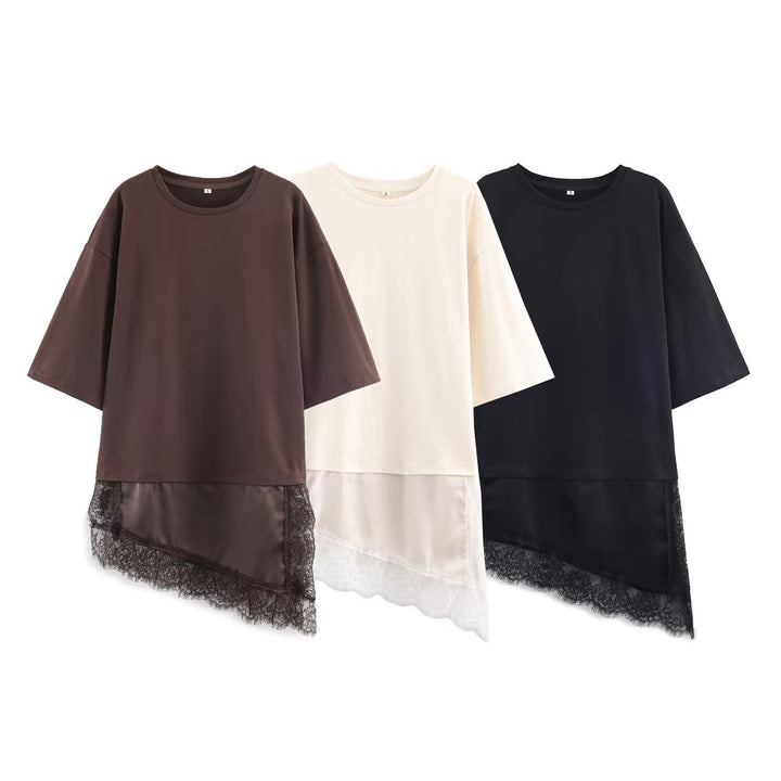 Damen asymmetrisches T-Shirt mit Spitzenbesatz Echo Archiv