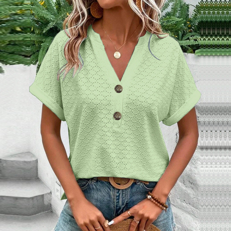 Damen Luftiges Kurzarm-Oberteil mit strukturiertem Design und Knopfdetails Echo Archiv