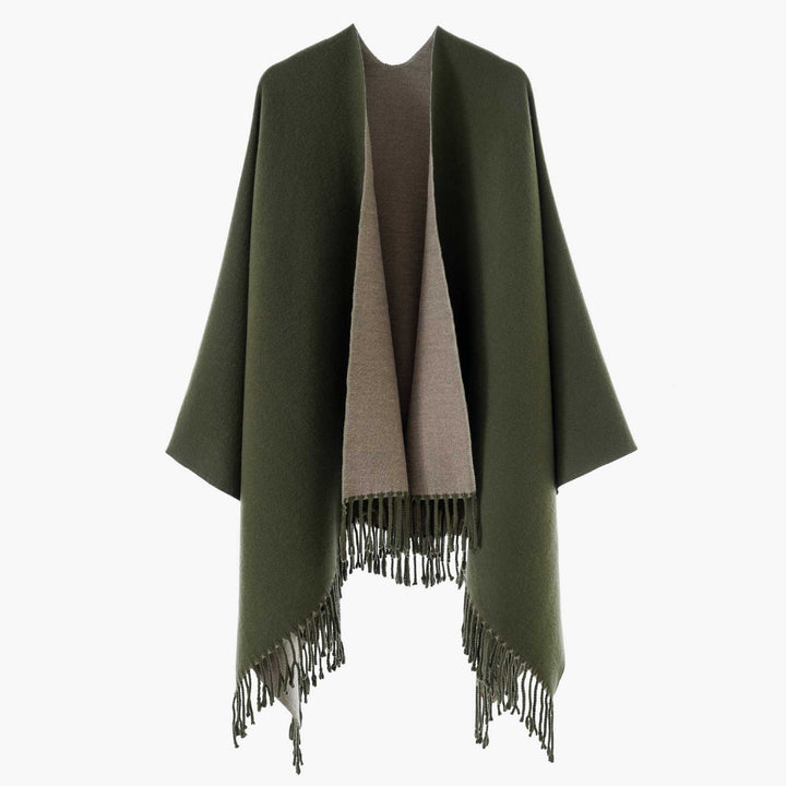 Damen Wendbarer Wollmix-Poncho mit Fransensaum und offener Front – Avérine