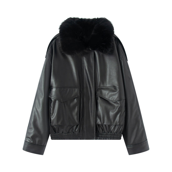 Damen taillierter Kunstleder-Blouson mit voluminösem Kunstfellkragen und aufgesetzten Pattentaschen – Célinea