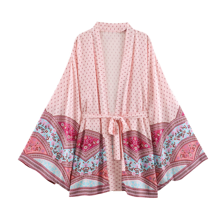 Damen Kimono-Wickelrobe im Boho-Print mit weitem Ärmeln Echoarchiv