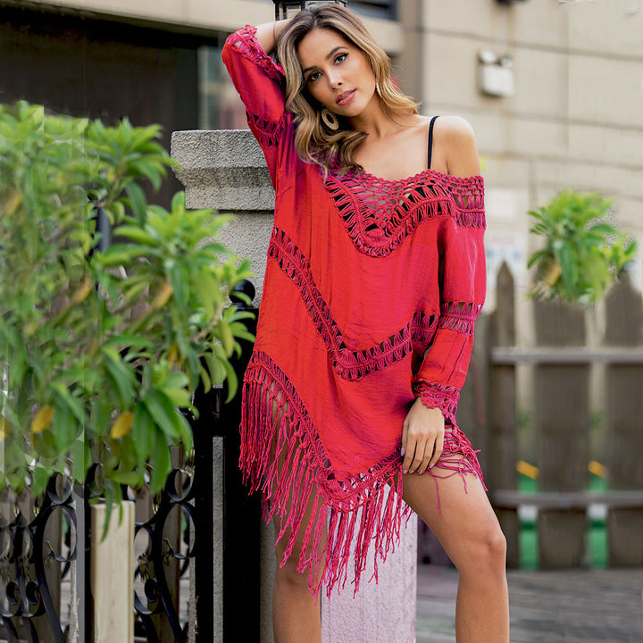 Damen gehäkeltes Strandkleid mit fransigen Details und tiefem V-Ausschnitt Echo Archiv
