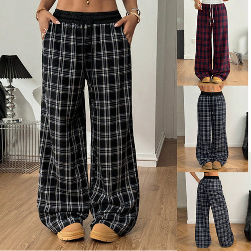 Damen weite karierte Lounge-Hose mit hohem Gummibund und Kordelzug Echo Archiv