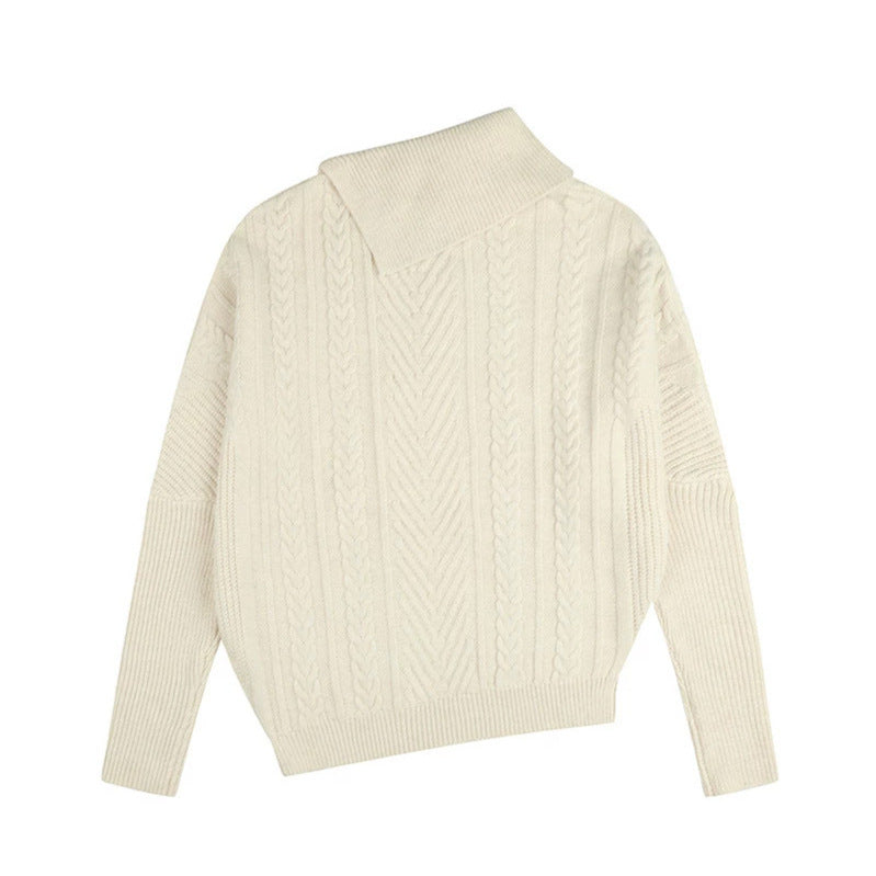 Damen asymmetrischer Zopfmuster-Pullover mit schrägem Rollkragen und Oversize-Schnitt Echoarchiv