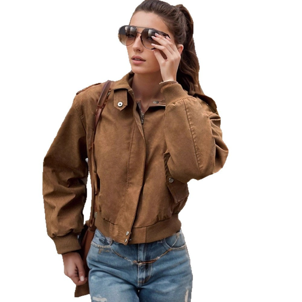 Damen Kurz geschnittene Bomberjacke aus Velourslederoptik mit Rippbündchen Echoarchiv