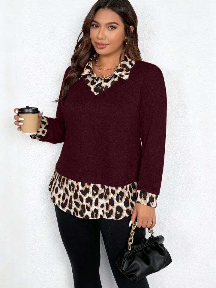 Damen Lagenlook-Pullover mit V-Ausschnitt und Leoprint-Blusen-Einsatz Echoarchiv