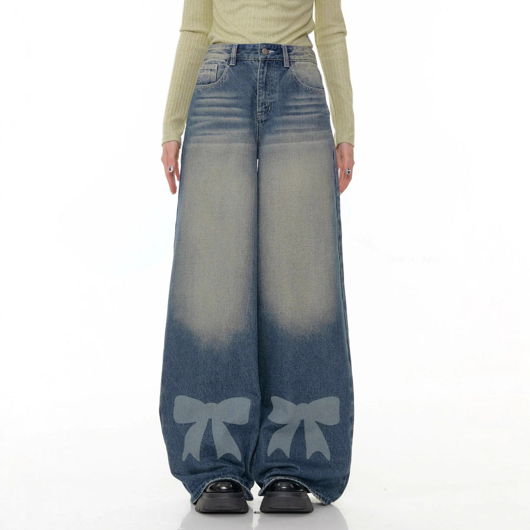Damen nan hochtaillierte Palazzohose aus Denim mit extra weitem Bein und Schleifenprint Echo Archiv