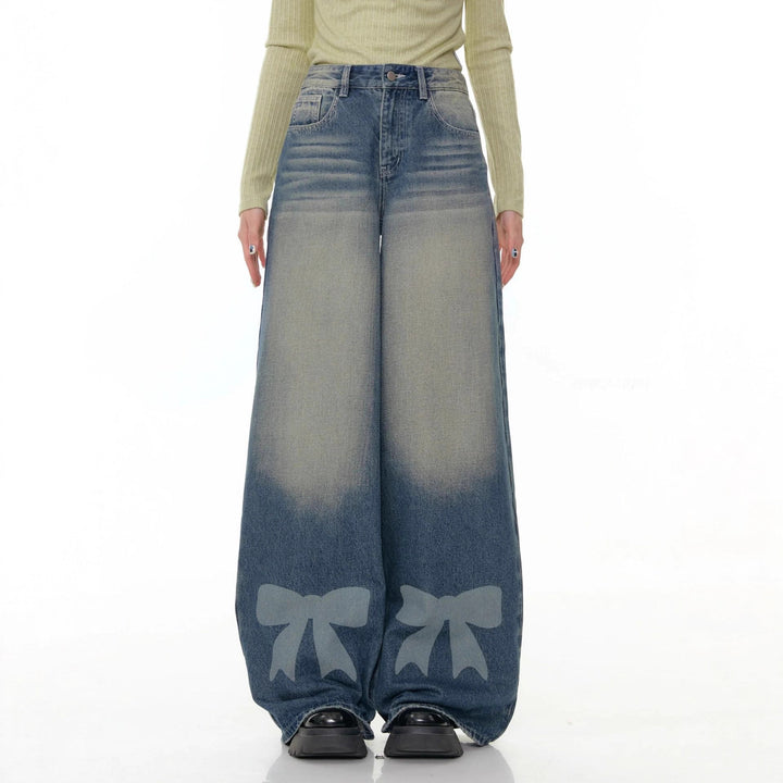 Damen nan hochtaillierte Palazzohose aus Denim mit extra weitem Bein und Schleifenprint Echo Archiv
