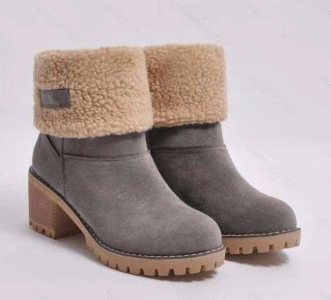 Damen Gefütterte Ankle-Boots mit Lammfell-Umschlag und profiliertem Blockabsatz Echoarchiv