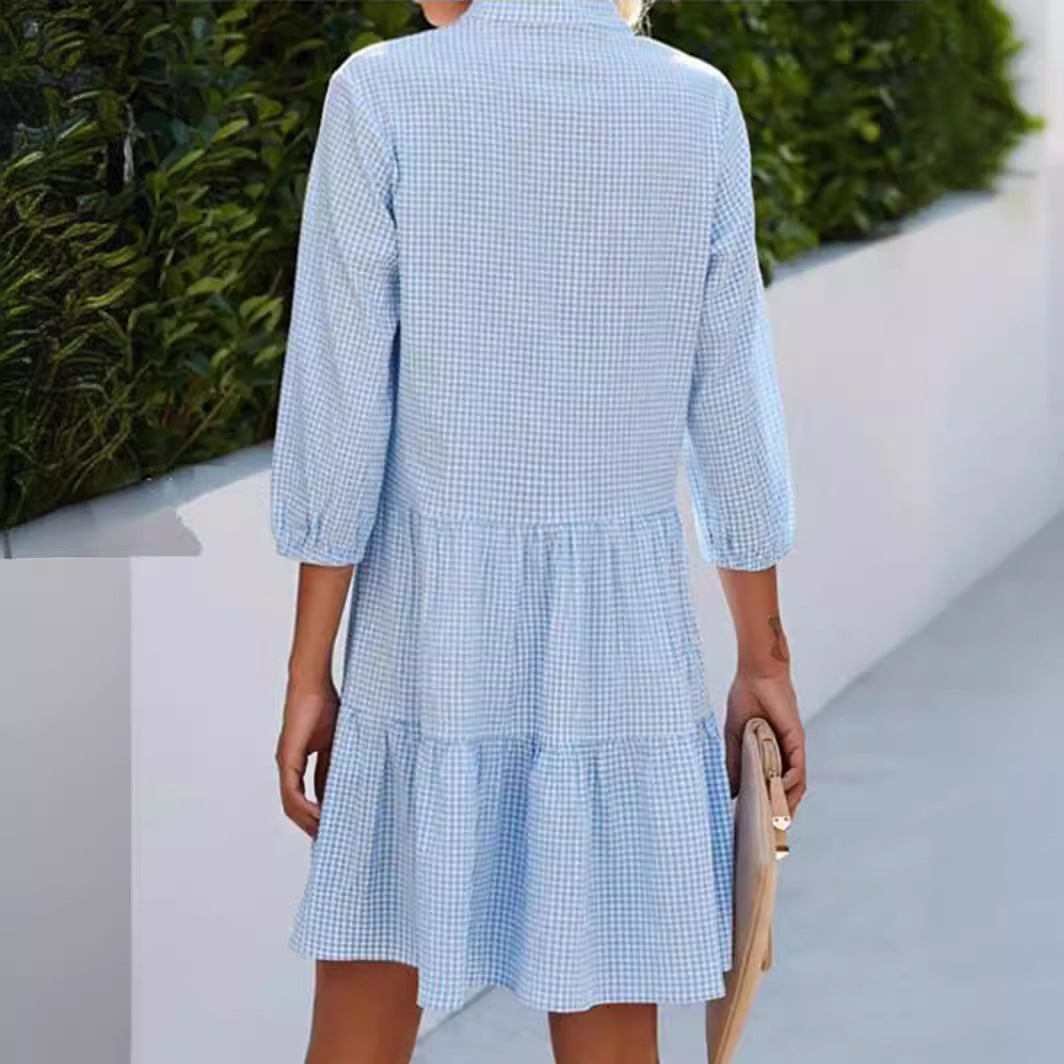 Damen Hemdkleid im Vichy-Karo mit Stehkragen und gestuftem Rock – Lunéa