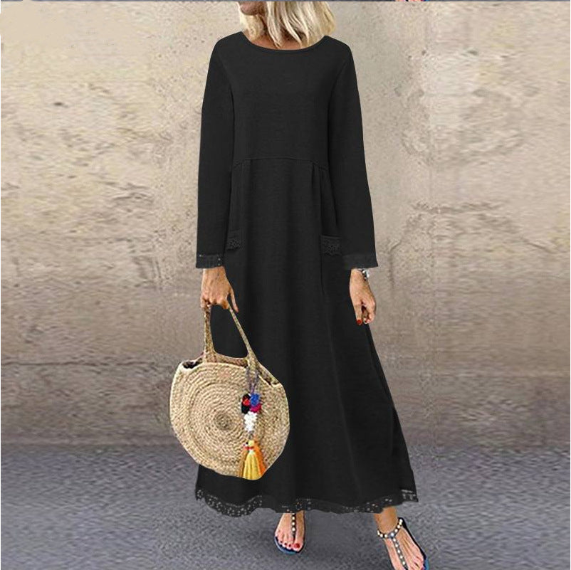 Damen nan Maxikleid mit lockerem A‑Linien Schnitt, Rundhalsausschnitt, aufgesetzten Eingrifftaschen und zierlichem Spitzenbesatz Echo Archiv