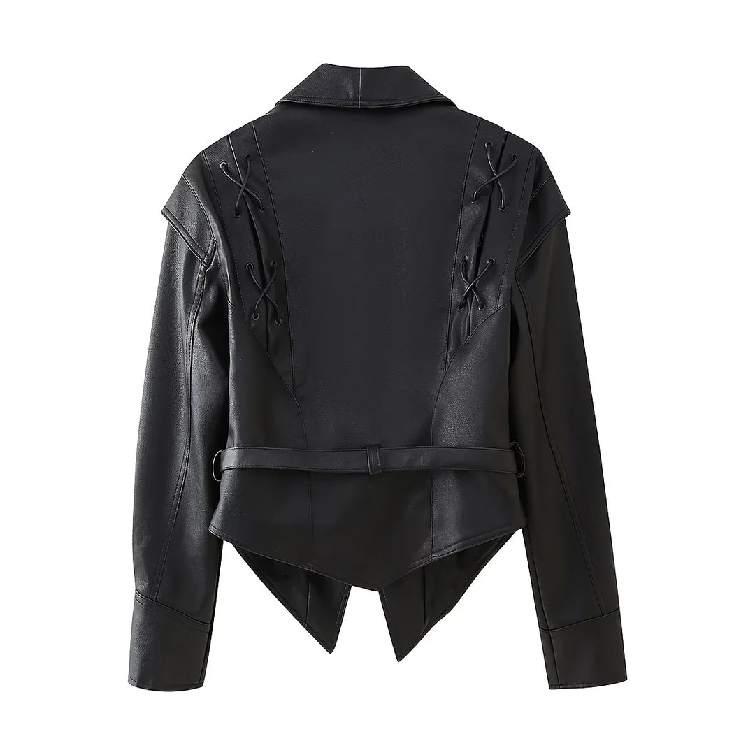 Damen taillierter Cropped‑Blouson aus veganem Leder mit Schalkragen, Schnürdetail und Bindegürtel – Célinea