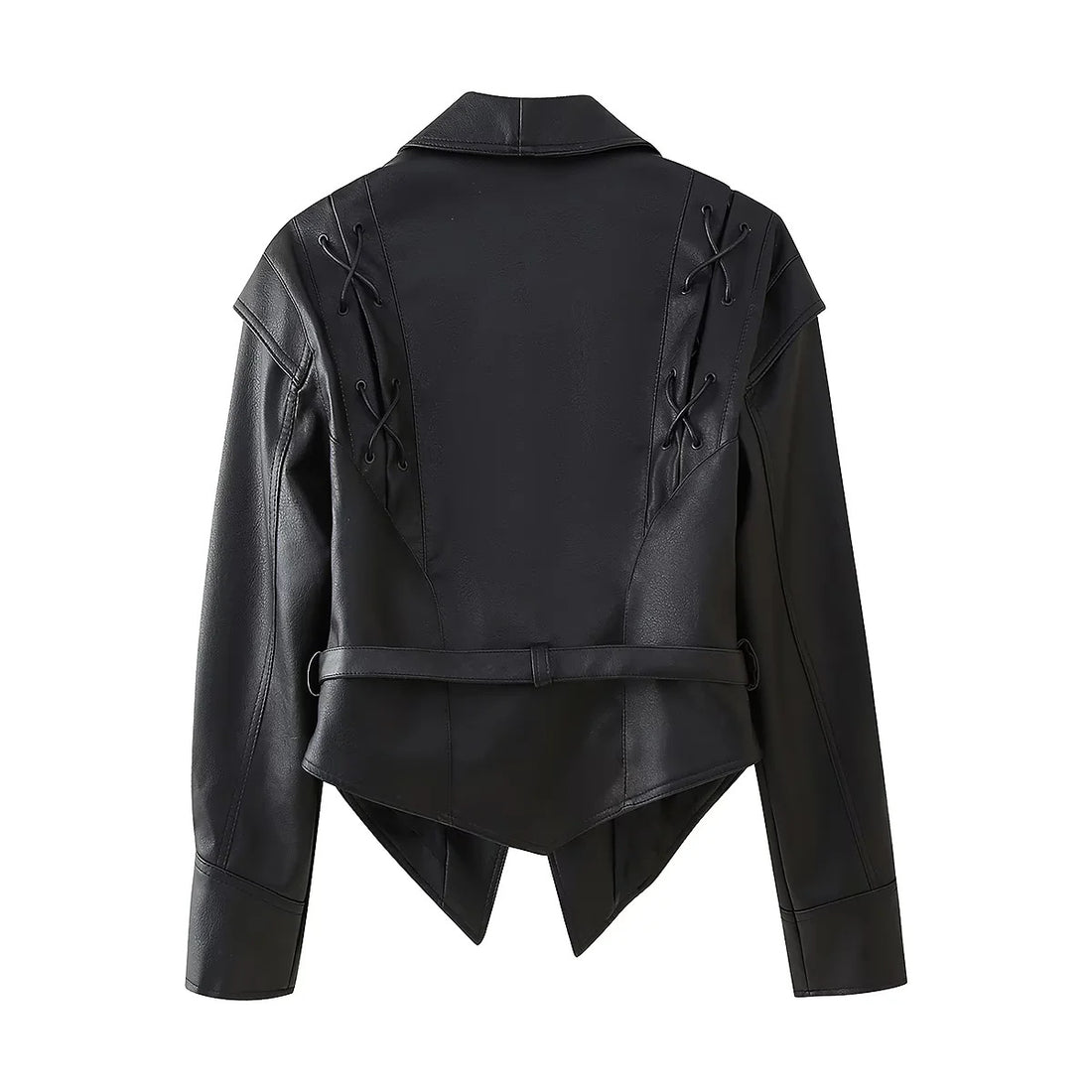 Damen taillierter Cropped‑Blouson aus veganem Leder mit Schalkragen, Schnürdetail und Bindegürtel – Célinea
