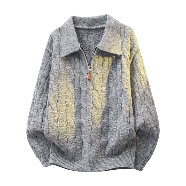 Unisex Oversize-Zopfmuster-Pullover mit Halbreißverschluss und Hemdkragen Echoarchiv