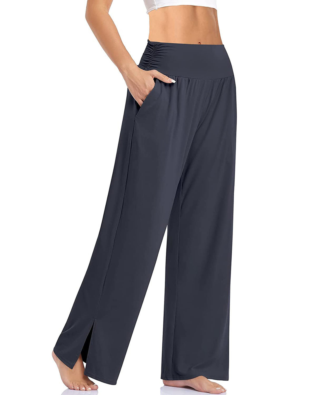 Damen nan weite Yogahose mit hohem Komfortbund, seitlichen Eingrifftaschen und seitlichem Bein-Schlitz Echo Archiv