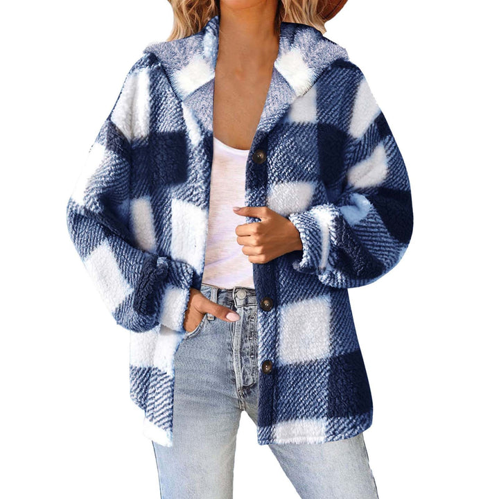 Damen nan kuschelige karierte Teddyjacke mit Kapuze, Knopfverschluss und oversized Schnitt Echo Archiv