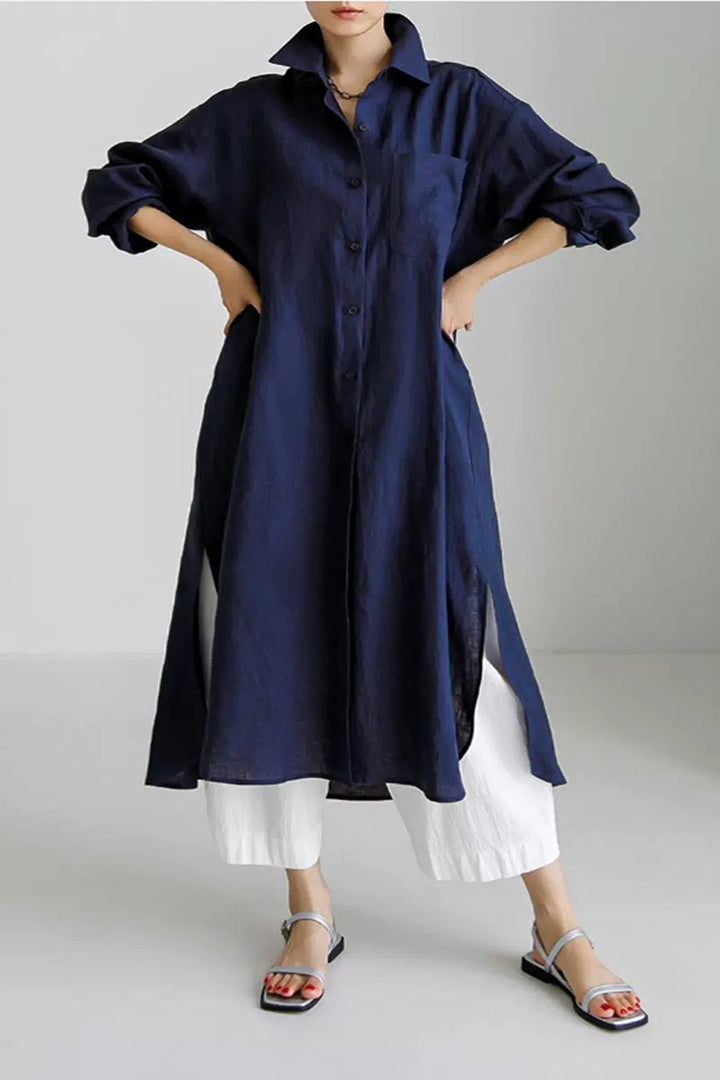 Damen Oversize-Leinen-Hemdmaxikleid mit Stehkragen, Krempelärmeln und hohen Seitenschlitzen – Valéora