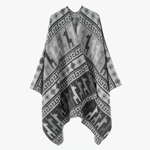 Damen Cape-Überwurf aus Jacquard-Strick mit Tier- und Ethno-Motiv Echo Archiv
