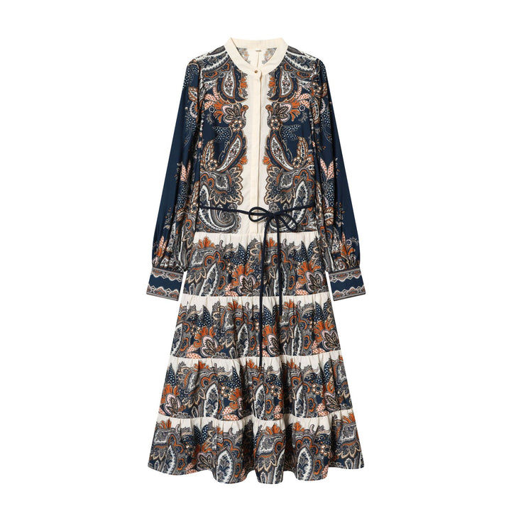Damen nan fließendes Maxikleid mit Paisley-Muster, Taillenzug, Stehkragen und Stufenrock Echo Archiv