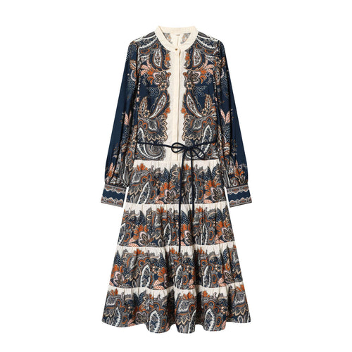 Damen nan fließendes Maxikleid mit Paisley-Muster, Taillenzug, Stehkragen und Stufenrock Echo Archiv